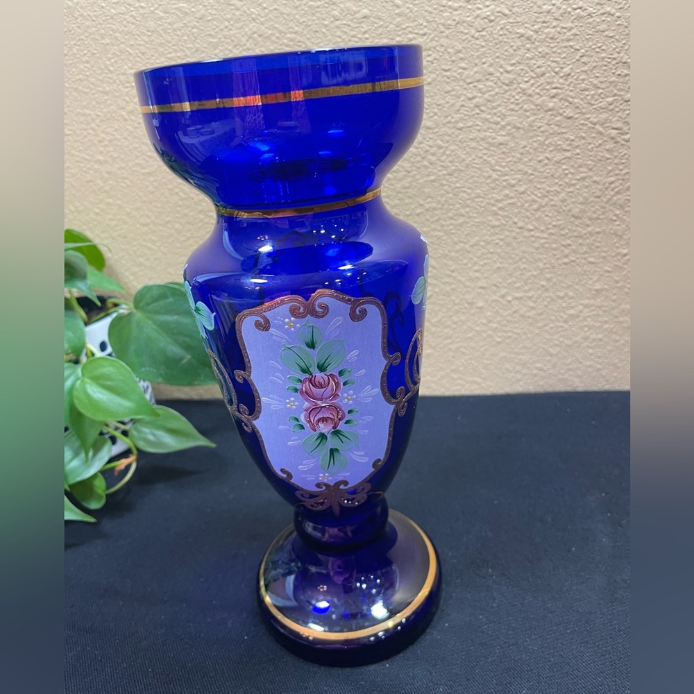 Hut Jakub Tasice 1796 Cobalt Blue Glass Floral Vase Antique Vintage